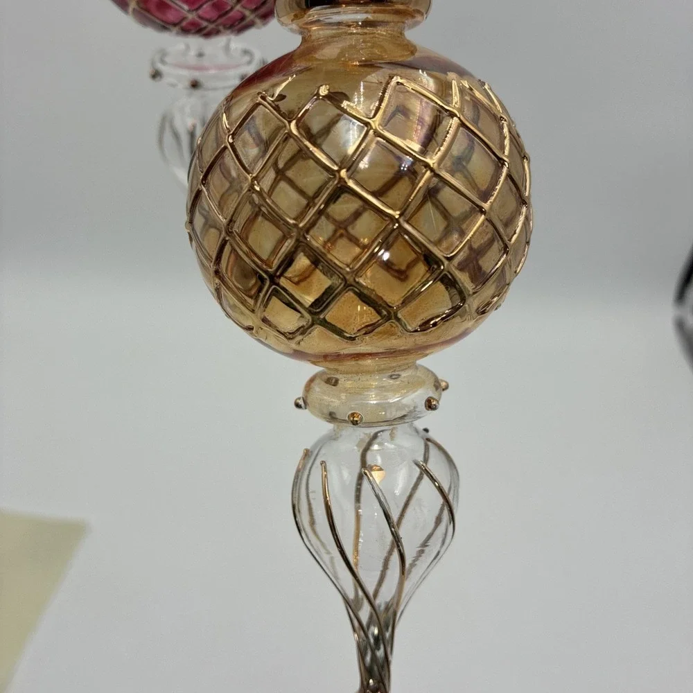 Vintage Hand Blown Glass Finial Christmas Ornaments Red Gold Lattice Set of 2